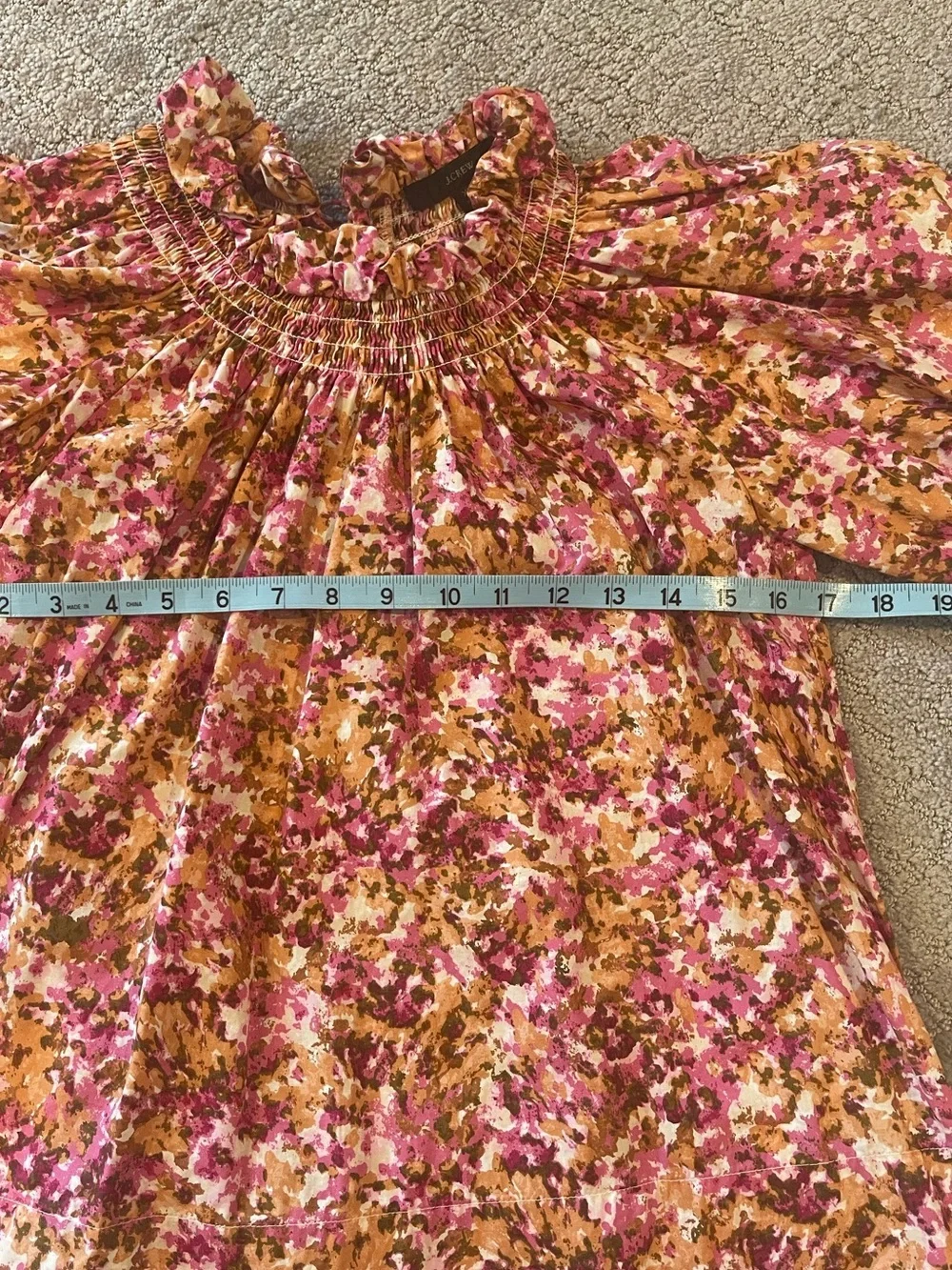 J. Crew Smocked Puff-Sleeve Blouse, Ties In Back, Pink Faded Floral, Size XXS